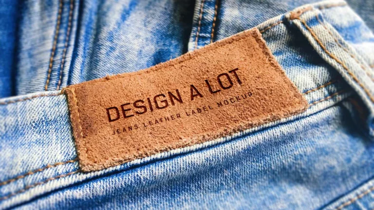 Clothing brand mockups: engraved leather label on blue jeans