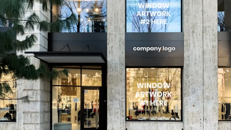 Shop window mockups showing a logo on storefront glass